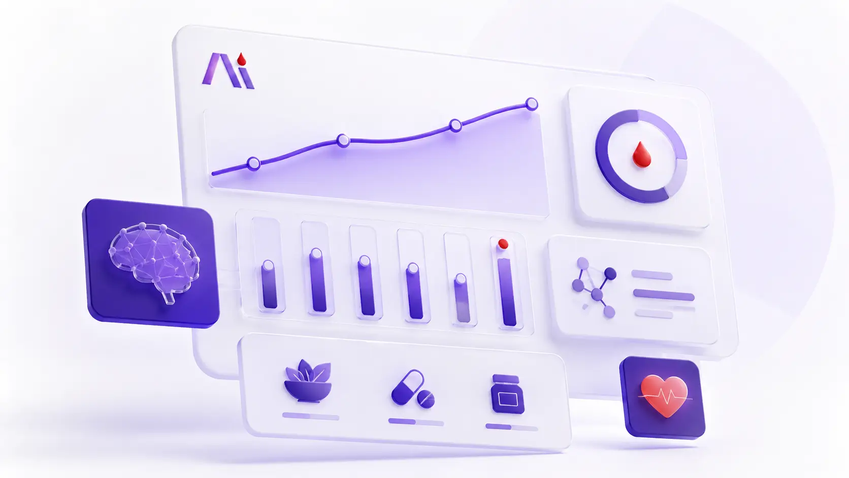Rapport d'analyse de sang par IA — Biomarqueurs, nutrition et analyse des tendances Rapport d'analyse de sang interprété par IA affichant les biomarqueurs, les conseils nutritionnels et les tendances de santé